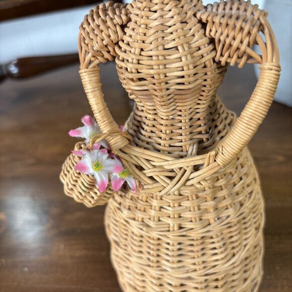 Vintage Wicker Lady Figurine Woven Basket Doll with Hat and Flowers Boho Decor - Picture 10 of 14